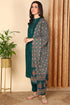 Plus Size Teal Green Pure Cotton Floral Embroidered Straight Suit Set